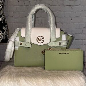 Michael Kors CARMEN Flap Satchel/JET SET TRAVEL DoubleZip Wallet 2pc Set